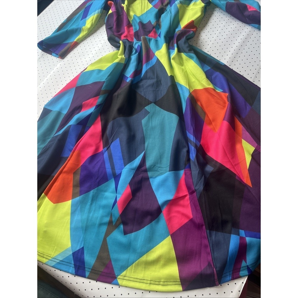 Colorblock Geometric Fit Flare Midi Dress Tie Waist Neon Abstract Retro M - Picture 3 of 11